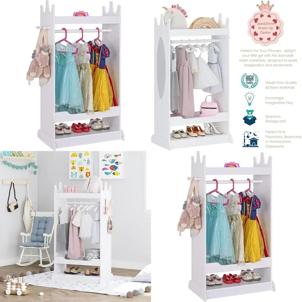 

Children's Storage and Display Center, Dress-Up Wardrobe, Open-Style Hanging Closet, Pretend Play Storage, Dress-Up Drawer (Whit