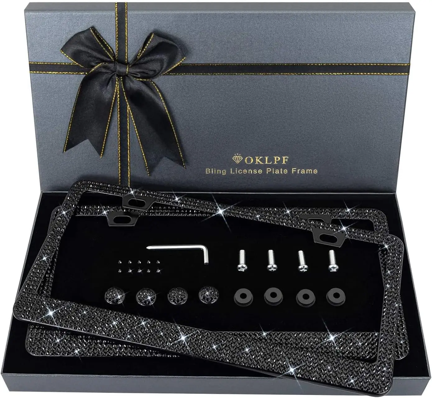 

2PCS Sparkly License Plate Frames with 1200+ Faceted Glass Crystals, Free Glitter Box (Black)