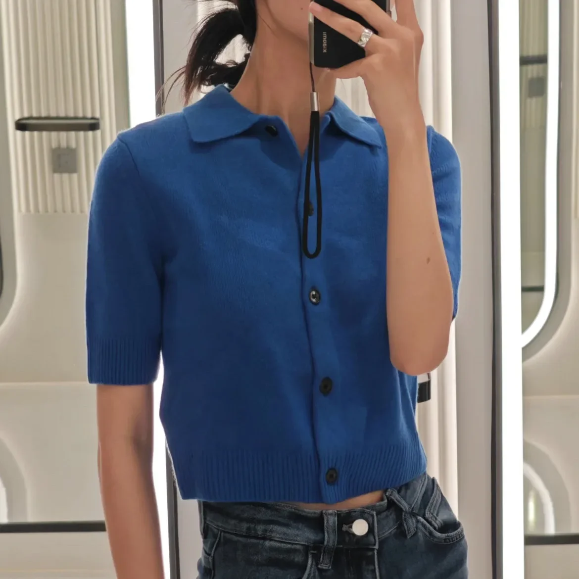 

Women's Temperament Commuter Blue Polo Neck Short Sleeve Knitted Cardigan Jacket Top 16A