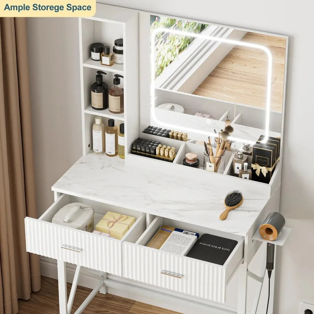Vanity Desk moderno con specchio, Vanity per trucco per adulti con luci LED regolabili tricolore, 2 cassetti, 3 ripiani per camera da letto