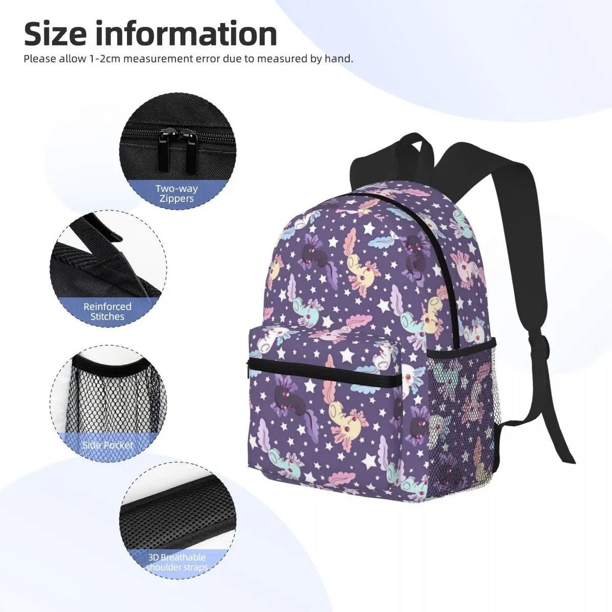 Ransel Pelajar Ungu Pola Axolotl Kawaii Tas Sekolah Daypack Travel Hiking untuk Tas Bahu Tas Buku Fashion Anak Laki-laki Perempuan