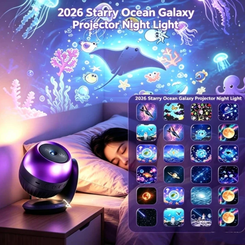 2026 24‑in‑1 Pattern 4K HD Film Starry Sky Projector Night Light Ocean Theme 360° Rotatable Lamp With Sleep Sounds Bedroom Decor