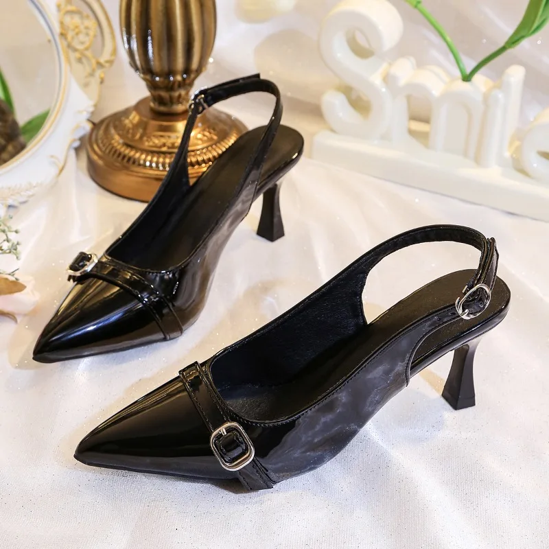 

Baotou Sandals Women's Pointed Toe Metal Buckle One Strap Non-slip Temperament High Heels