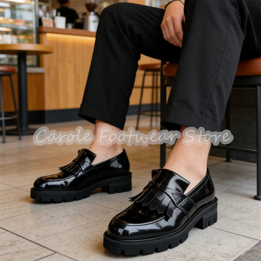 

Male Chunky Bottom Wedges Business Dress Shoes British Style Tassel Decor Genuine Leather Loafers Black Shallow Slip-On Oxfords