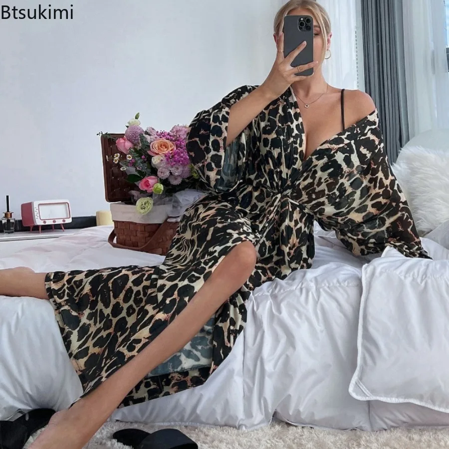 

New 2025 Summer Women's Mesh Pajamas Sexy Slits Home Wear Luxurious and Comfortable Breathable Leopard Print Nightgowns Ladies