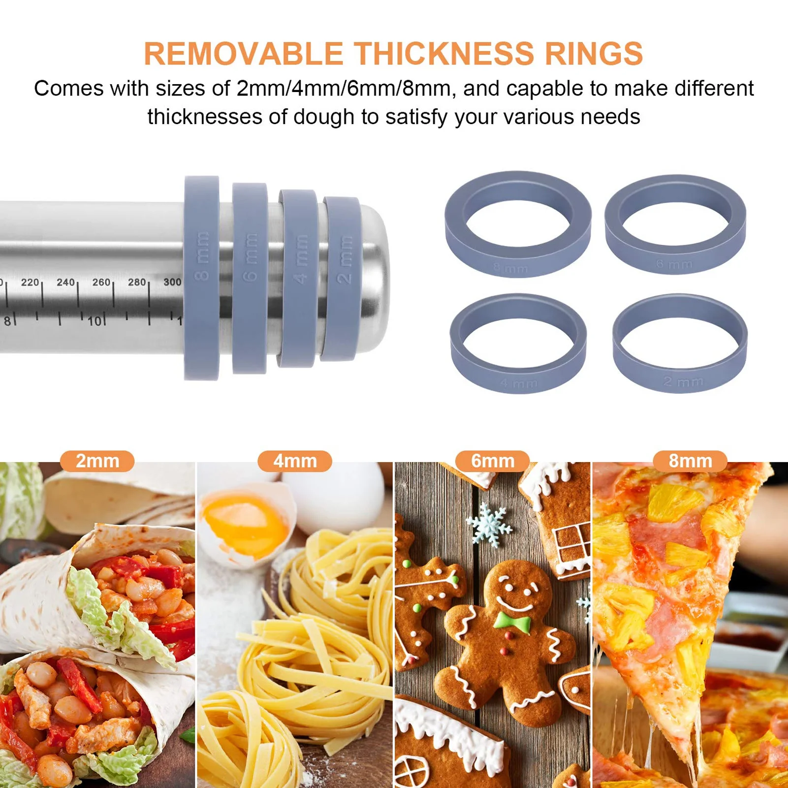 Rolling Pin Dough Roller Stainless Steel with 4 Silicone  Rings Anti Stick Anti Slip Kitchen Rolling Tool Kitchen Roller