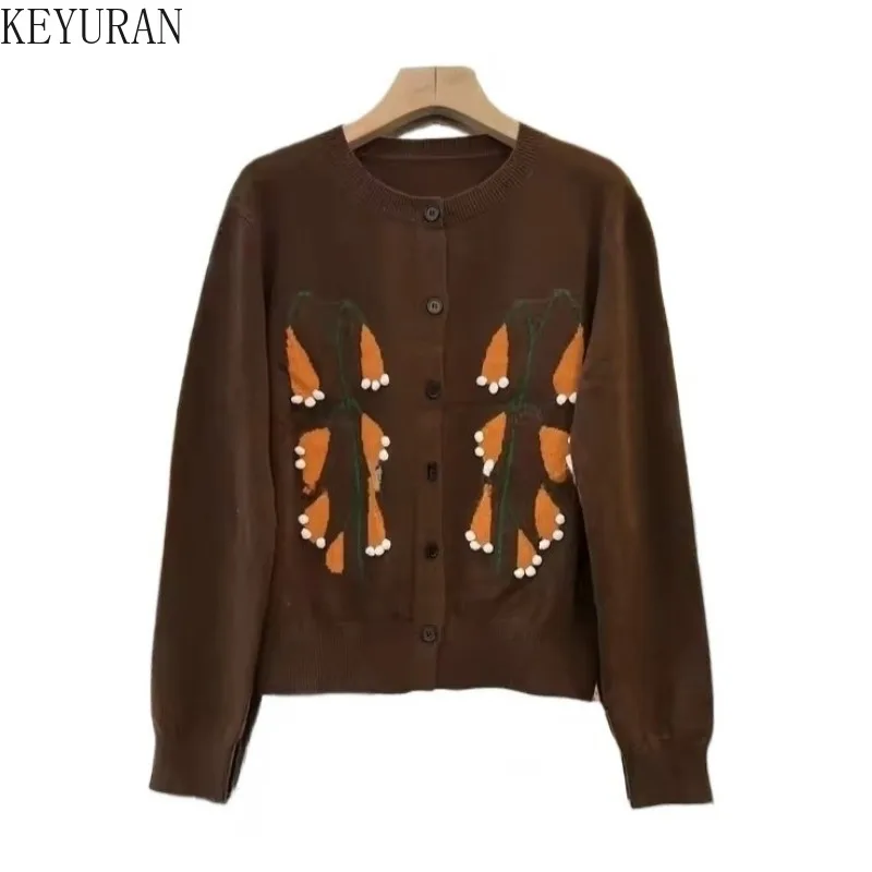 

Coffee Flower Knit Cardigan Sweater Women Spring Autumn Chic Vintage O Neck Long Sleeve Single Breasted Sweaters Ladies Jumpers