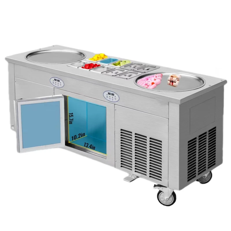 Roll Ice Cream Machine 2800 Watts Double Plate Ice Cream Roll Machine with Cabinet Fried Ice Cream Roll Machine