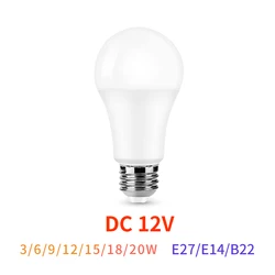Bombilla LED de 12V CC, lámparas E27 de 3W, 5W, 7W, 9W, 12W, 15W, Bombilla para bombillas LED solares, iluminación de lámpara de bajo voltaje de 12 voltios