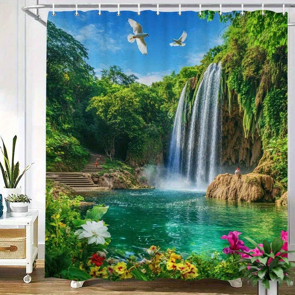1pc Tropical Waterfall & Egrets Shower Curtain - Vibrant Jungle Scene with Lush Greenery, Limestone Waterfall, and Colorful Flow