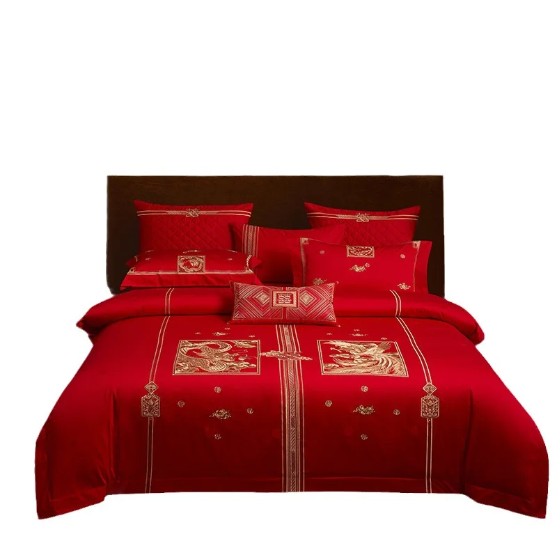 160S Long Staple Cotton Jacquard Embroidery Wedding Four Piece Set All Cotton Gongsatin Red Six Piece Set