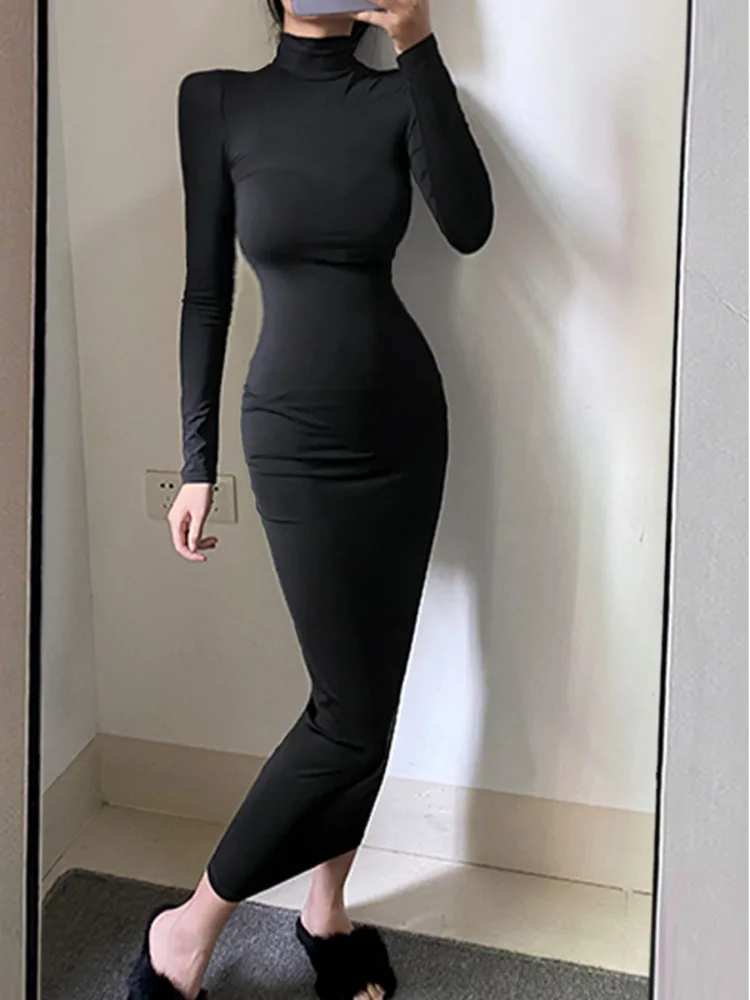 WOMENGAGA 2022 New Autumn Winter Black Long Maxi Dress Slim Skinny Stand Collar Sexy Long Dresses Korean Women Slim Top ZNF9