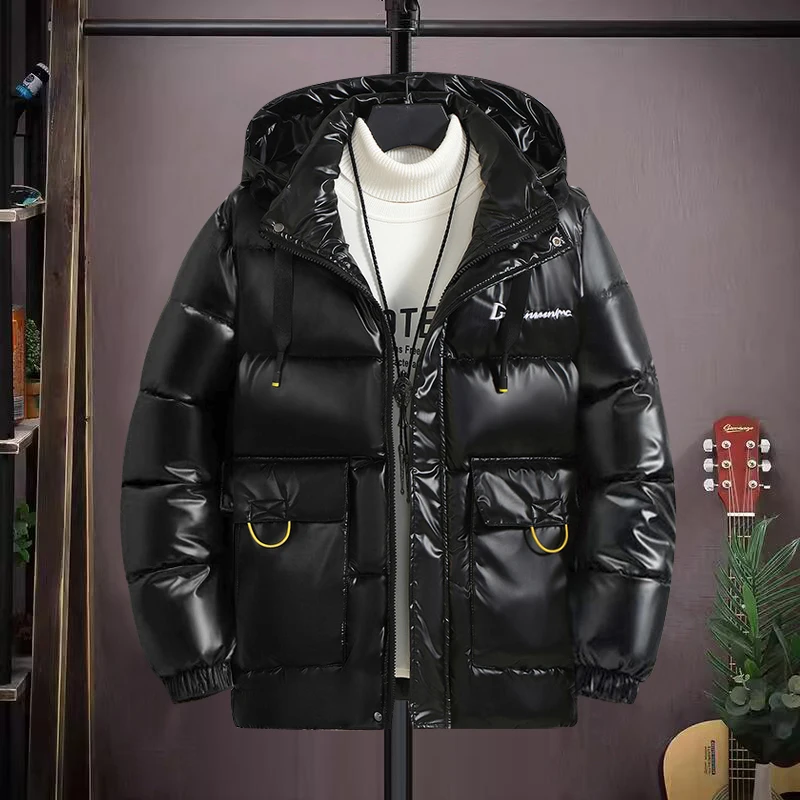 

Мужская модная утепленная куртка в корейском стиле 2024 года, зимняя, с глянцевой поверхностью, на хлопковом пуху, теплая, молодежная, повседневная