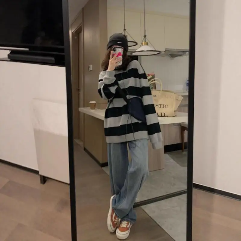 

Женский пуловер, топ, свитшот в ретро-стиле с полосками, новая осенняя тонкая свободная модель в корейском стиле, с длинным рукавом, круглым вырезом, модный повседневный уличный стиль