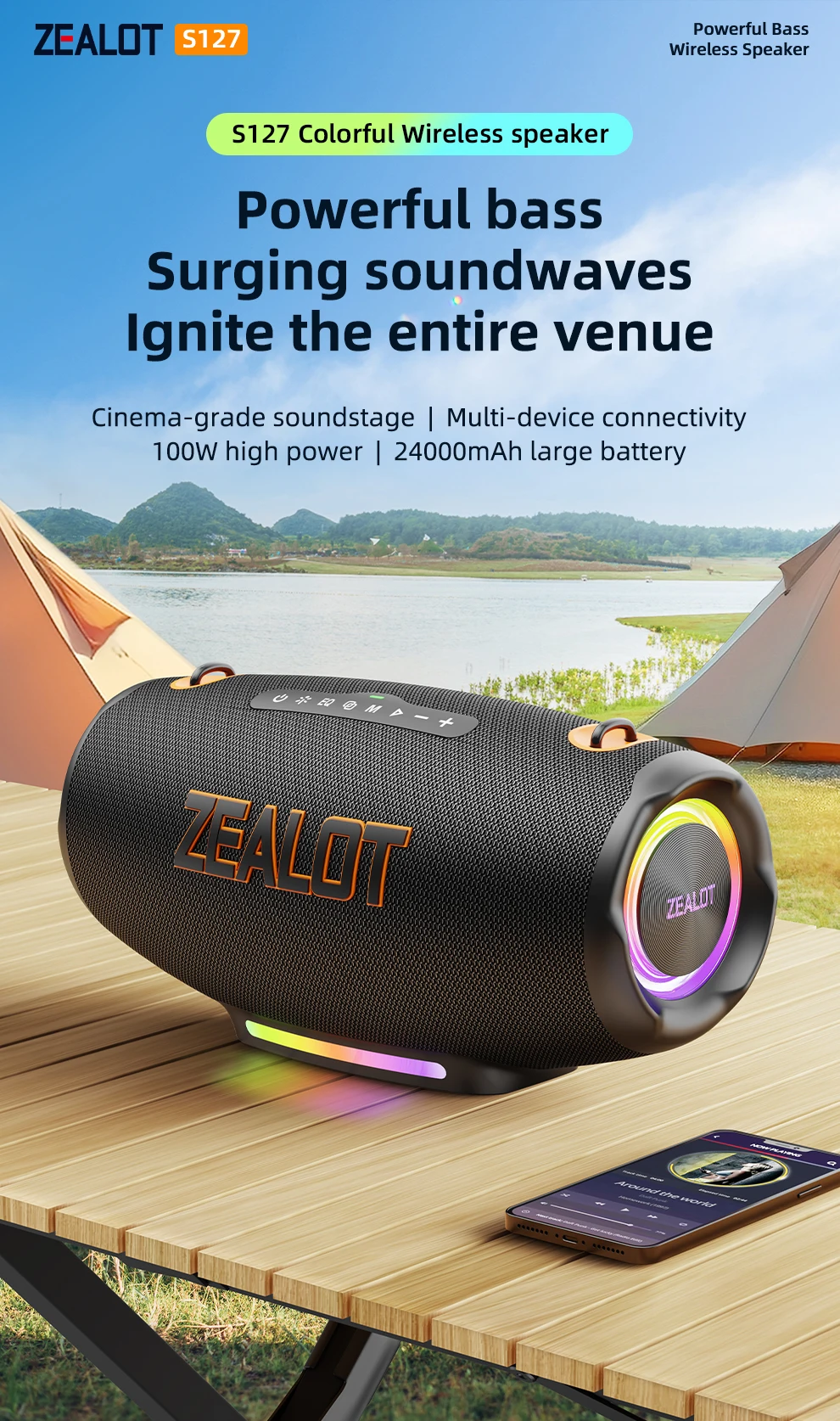 Zealot-S127 100W Tragbarer Subwoofer Bluetooth-Lautsprecher TF-Karte Outdoor-Stereo-Surround Wasserdichter Lautsprecher Kabellose Soundbox – Detail 2