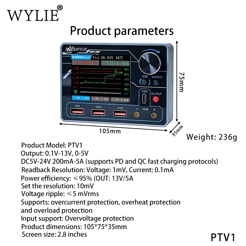 WYLIE PTV1 Digital DC Power Supply 0.1-13V 5A with PC Control Waveform Display and 5 Channels for Electronics Repair