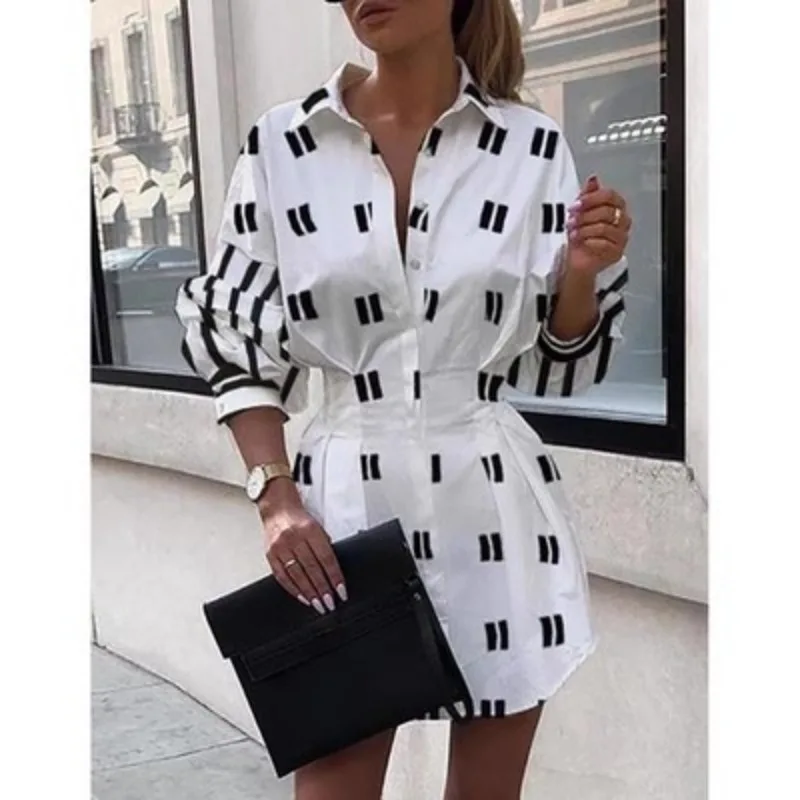 New Fashion Printed Waistband Shirt Lantern Sleeve Shirt Temperament Commuter Woman Shirt Personality Equal Size Striped Woman