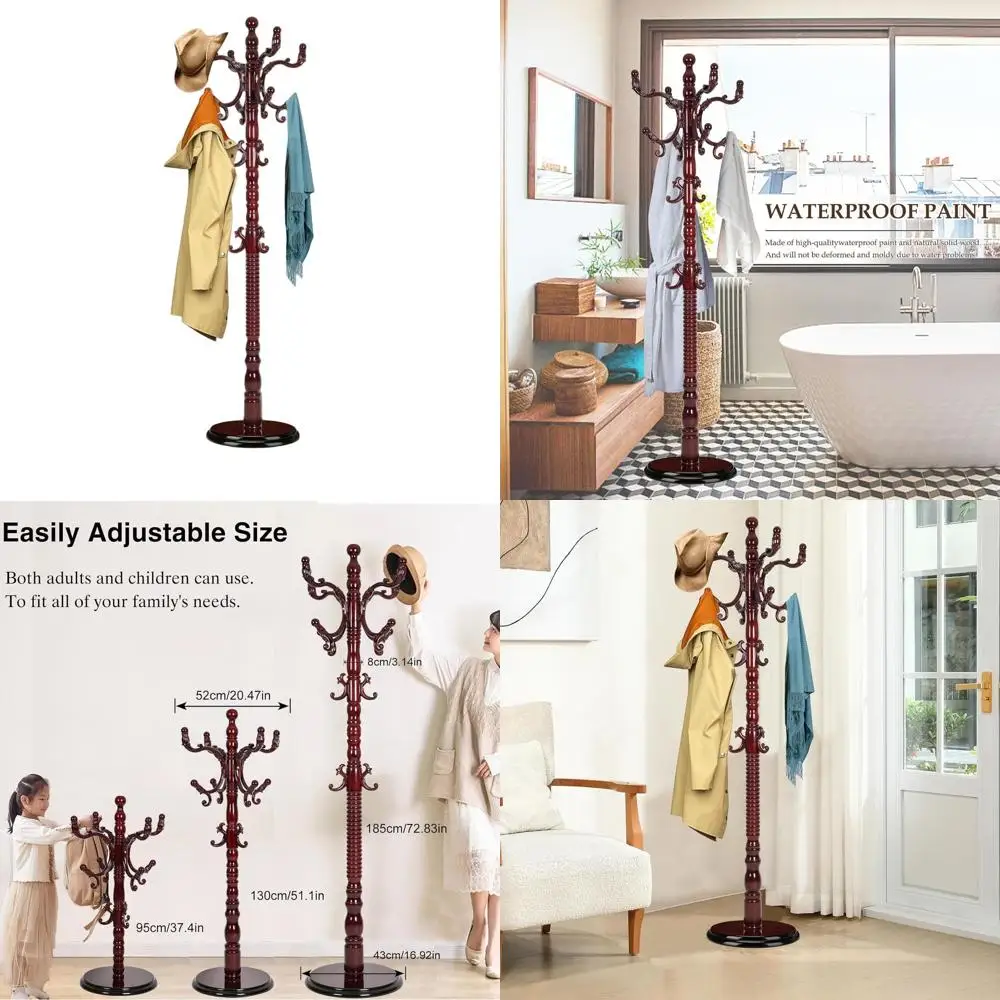 

73 Tall Natural Wood Coat Tree with 14 Hooks, Sturdy Stand for Entryway, Hallway, Bedroom - Easy Assembly, Holds Bags and Hats