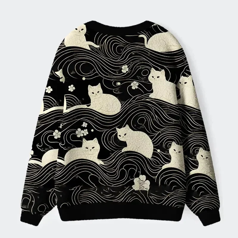 Japanese Cat Geometric Lines Long Sleeved Cardigan Sweater Unisex Comfort Fit Knitwear for Women And Men