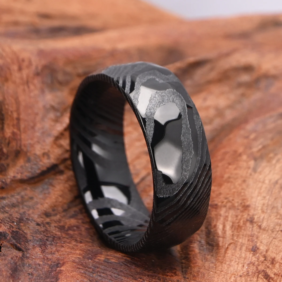 Black Hammer Band Damascus Steel 8mm Men's Couple Wedding Engagement Ring Daily Fashion Comfortable Wear Anniversary Gift