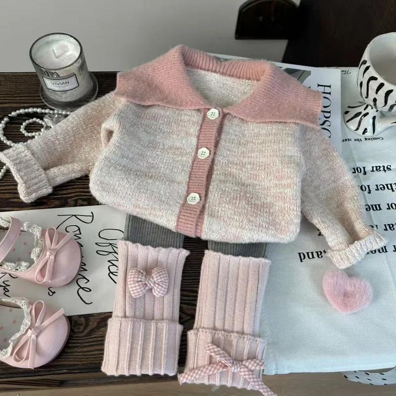 

Korean Children's Clothing 2025 New Autumn Girls' Shawl Big Collar Sweater Children's Pile Socks Leggings Two-piece Set