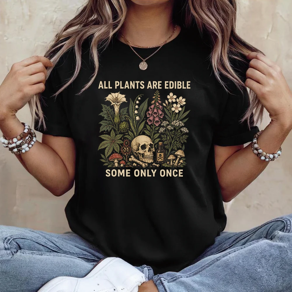 T-Shirt mit Aufschrift „Alle Pflanzen sind essbar, einige nur einmal essbar“, lustiges Garten-T-Shirt, dunkles botanisches Grafik-T-Shirt, Gothic-Shirts für Pflanzenliebhaber, Tops – Detail 6