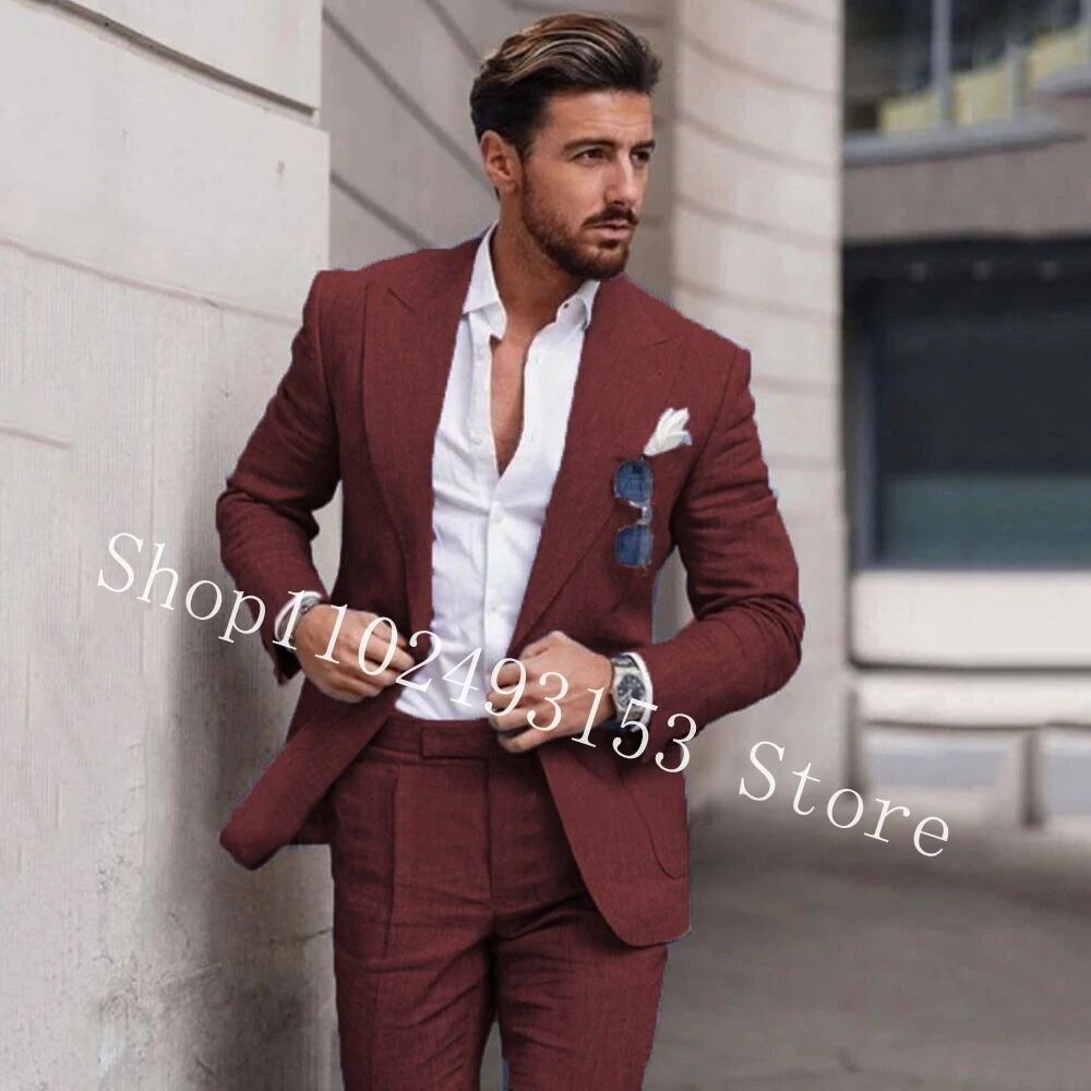 2023 New Fashion Linen Male Suits Slim Fit Casual Peak Lapel 2 Pieces Best Men Groom Wedding Party Suits Costume Homme Mariage