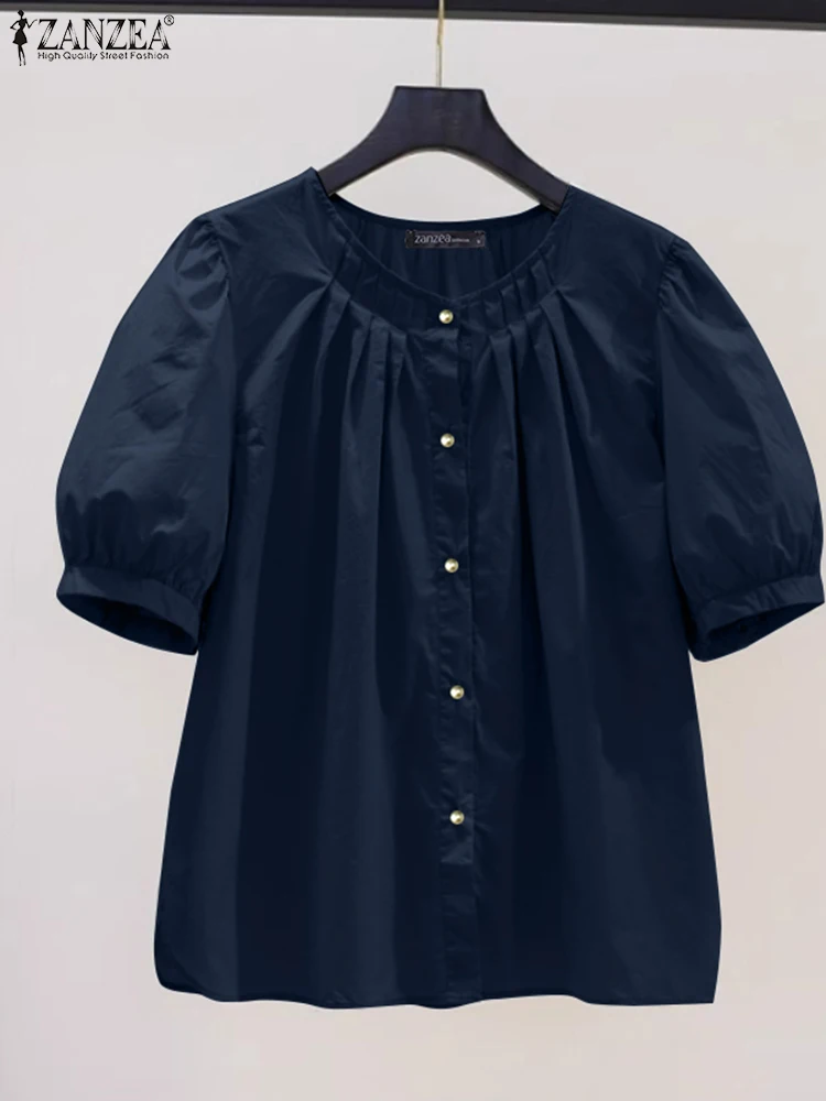 

ZANZEA Summer Fashion Chemise Femme Casual Day Wear Solid Color Short Puff Sleeve Tops Womens O-Neck Button Up Pleated Shirts