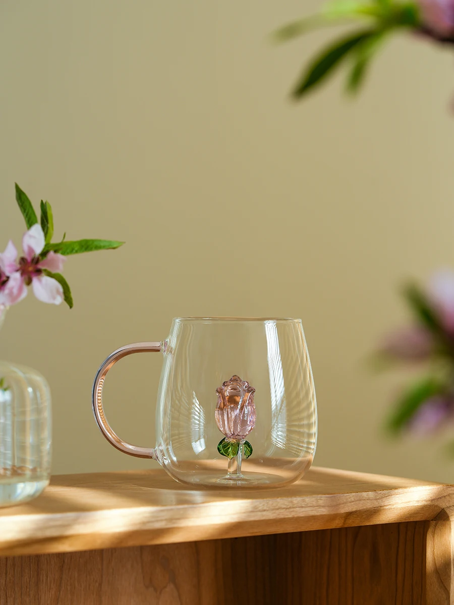 

April Home Use High Borosilie Glass Cup Cute Handle Water Cup Office Mug for Women Coffee Cup Heat Resistant round ape