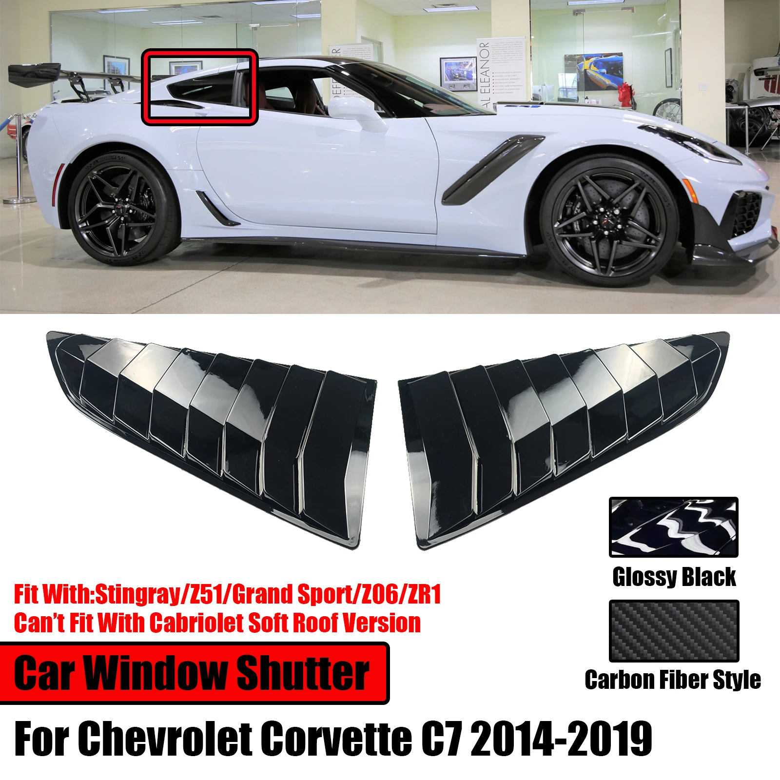 2PCS untuk 2014-2019 Chevrolet Corvette C7 jendela belakang Louvers Scoop penutup ventilasi sisi Shutter Trim Singray Z51 Z06 ZR1 hitam Glossy