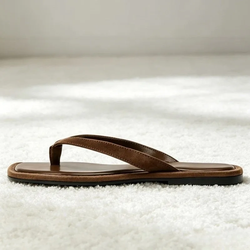 2026 Summer Brown Faux Suede Flip Flops Women Fashion Round Toe Clip Toe Flat Sandals Street Style Comfortable Women's Slippers view 4