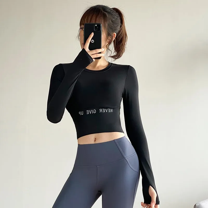 Women Yoga Shirt Workout Long Sleeve Naked Feel Sexy Exposed Midriff Top Breathable Mesh Shirts Gym Fitness Running Crop Tops