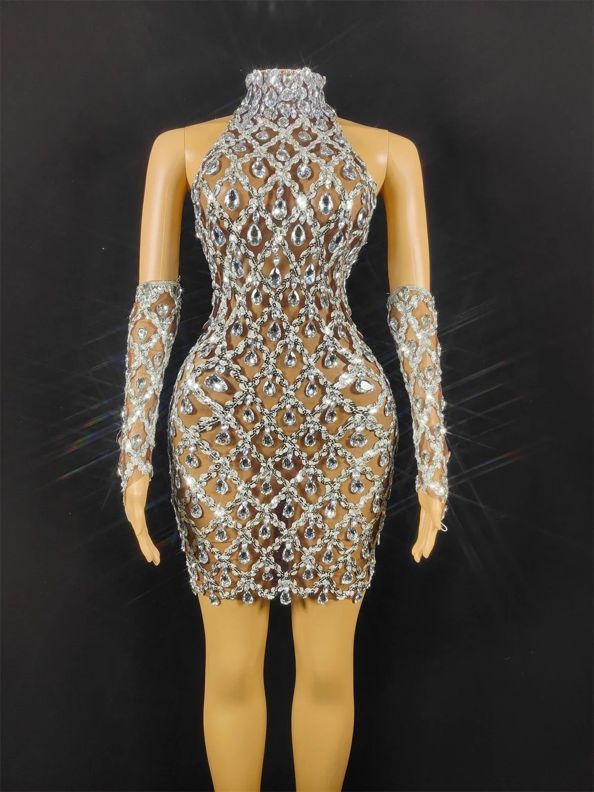 Błyszczące kobiety Nude srebrne kryształy urodziny Mesh świętuj klub nocny bal sukienka na imprezę piosenkarka scena strój królowej 2025 nowy rok