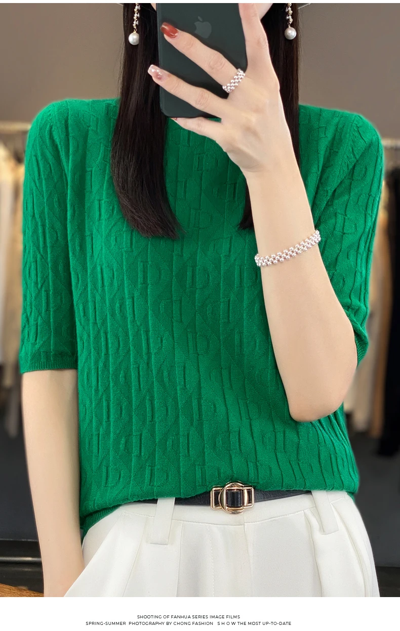 Women New Soft Diamond Letter Design Sweater Half-high Collar Three Quarter Sleeve Pullover Spring Summer Casual Knit Slim Top