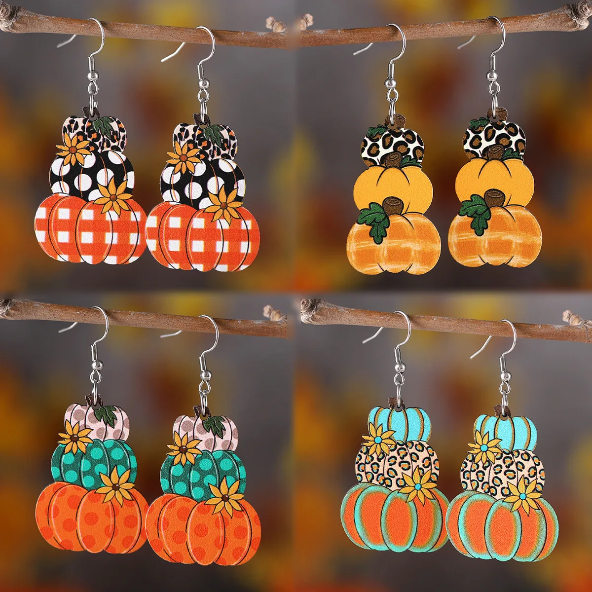 New Thanksgiving Autumn Harvest Polka Dot Plaid Pumpkin Flower Pendant Earrings for Women Creative Jewelry Gifts Accessory