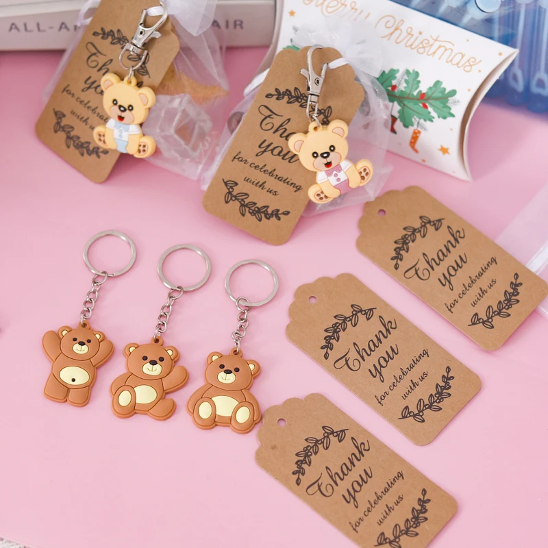 10pcs Baby Shower Souvenirs Gift Organza Bag With Bear Keychain Thank You Kraft Tag Girl Boy Birthday Party Favors Decoration