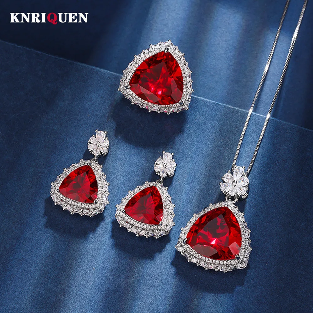 

2024 New Vintage Triangle Ruby Gemstone Necklace Pendant Ring Earrings Wedding Party Fine Jewelry Set for Women Anniversary Gift