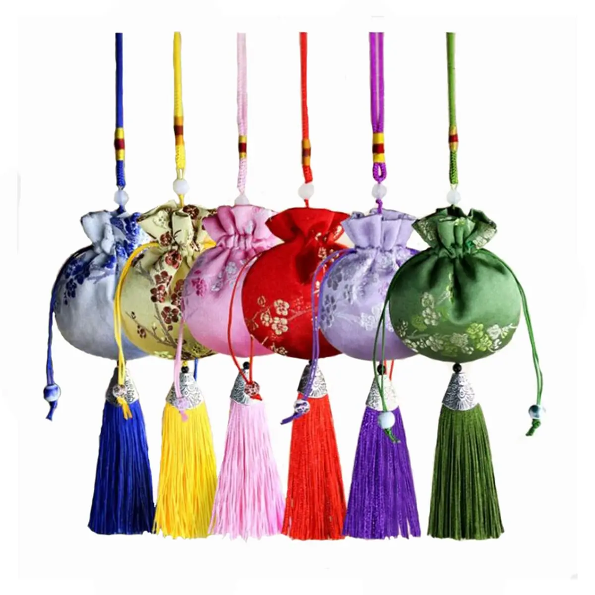 Bolsas de bolsitas con cordón, bolsita bordada, bolsas con cordón y borlas de la suerte, bolsita bordada de ciruela de estilo chino, colgante de bolsa vacía