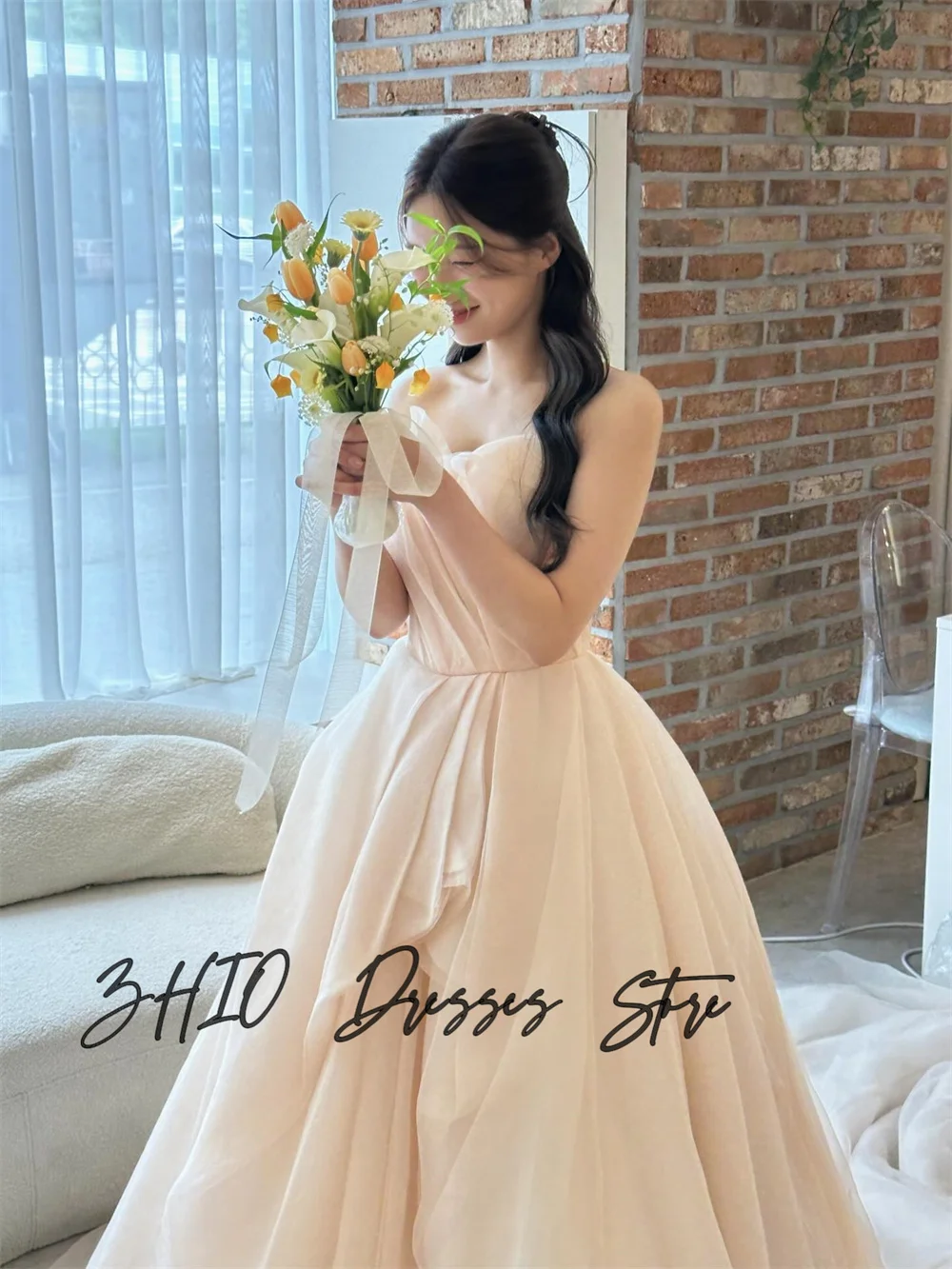 

ZHIO Princess Ruffle Strapless Korea Wedding Dresses Organza A Line Floor-Length PhotoShoot Formal Prom Gown Customized