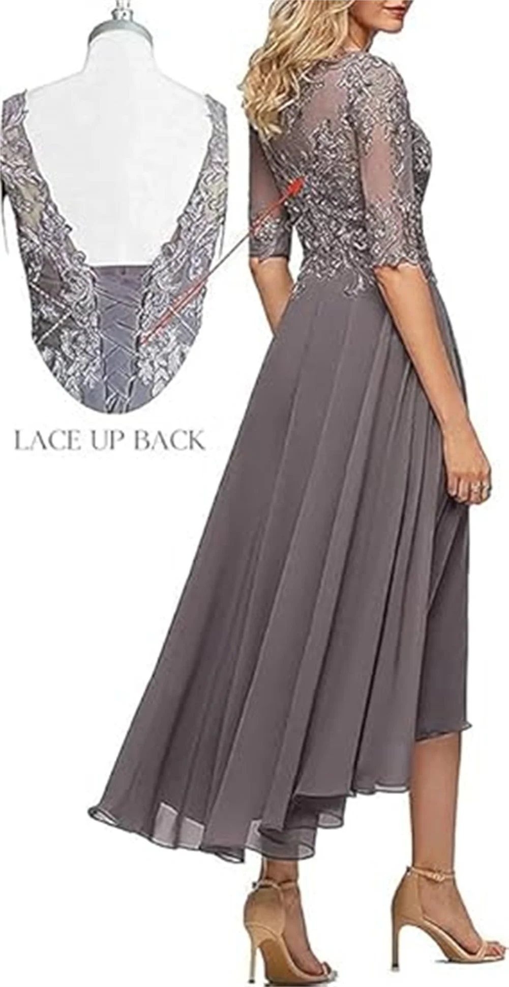 ชุดผ้าชีฟองปักลายลูกไม้สำหรับคุณแม่ของเจ้าสาวชุดงานพรอมสำหรับงานแต่งงานแขน3/4ชุดเดรสสำหรับงานเลี้ยงตอนเย็นเป็นทางการสำหรับผู้หญิง