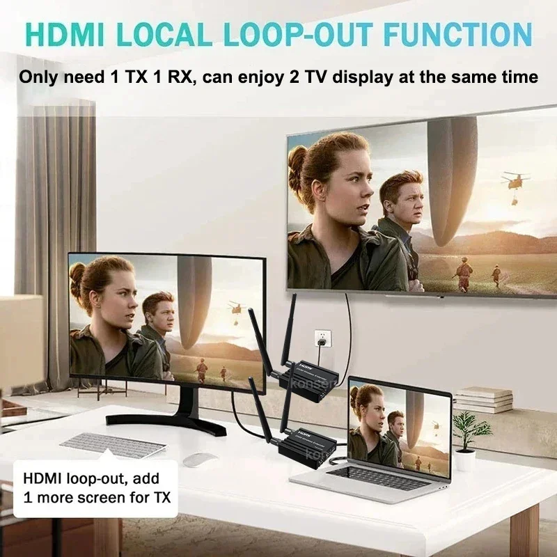 200M Wireless HDMI Extender Screen Share1080P WiFi Video Extender Support 1 to 4 Wireless Display for NVR Camera Laptop PC HDTV