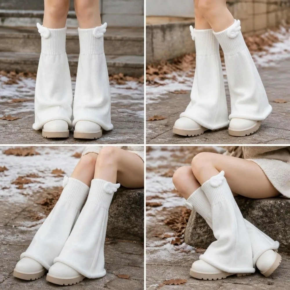Knit Fabric Wing Decor Leg Warmers Calf Sleeves Design Wide Calf Fit Slouch Leg Covers Flared Shape Soft Knit Texture