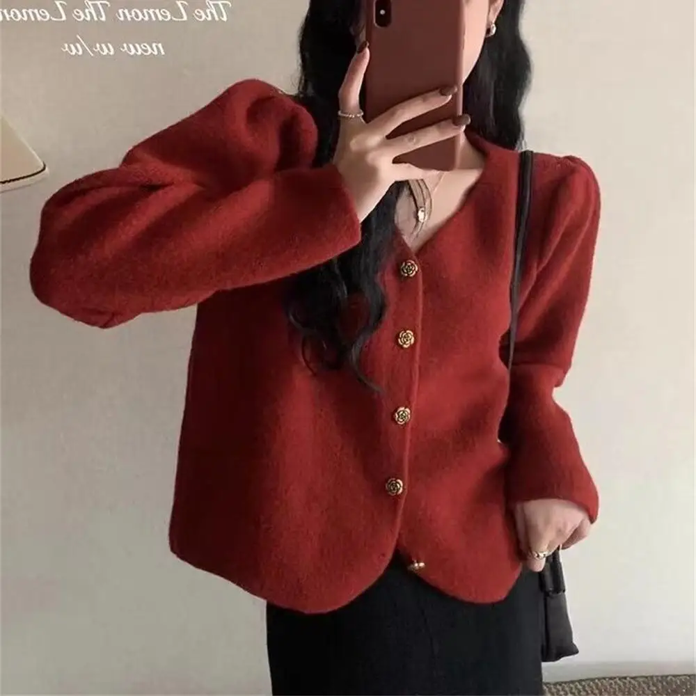 

Loose V-ne Sweater Outerwear Polar Fce Color Blo Thin Sweet Sle Regular Length Cardigan Women's Autumn Faion