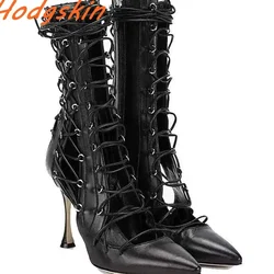 Black Cross Tied Women Boots Pointed Toe Hollow Side Zipper High Thin Heels 2025 Sexy Spice Girl Party Fashion Mid Calf Boots