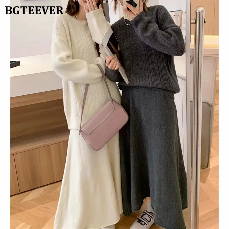 BGTEEVER Elegant Warm Loose Female 2 Pieces Knitted Set O-ncek Long Sleeve Pullovers Sweaters & High Waist A-line Skirts