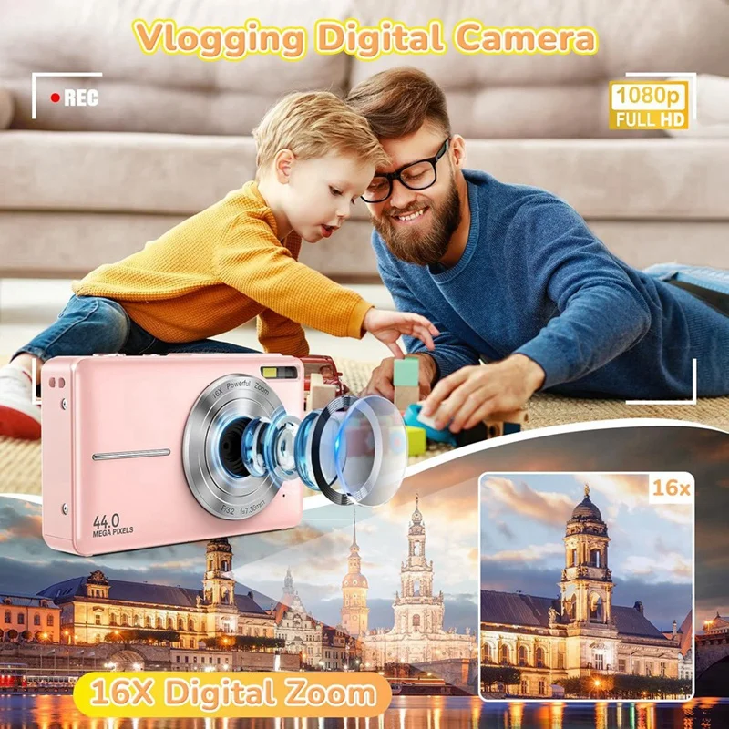 1080P HD Digital Camera 44MP Point & Shoot Camera Compact Small Selfie Camera For Girls, Boys, Teens, Students,Pink