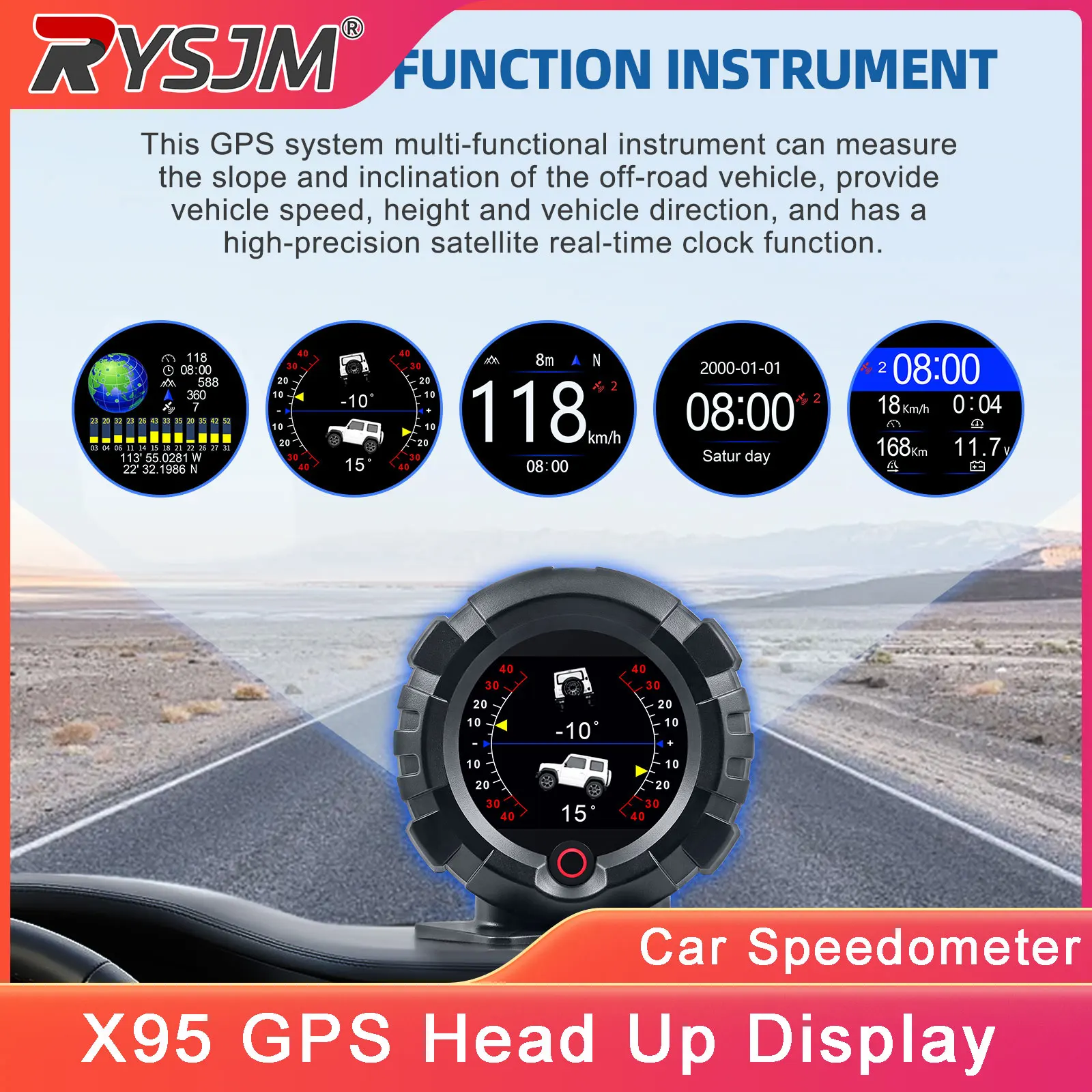 

X95 GPS Head Up Display Car Speed Meter 4x4 Off-road Inclinometer Slope Gauge Driving Mileage Speedometer Clock Overspeed Alarm