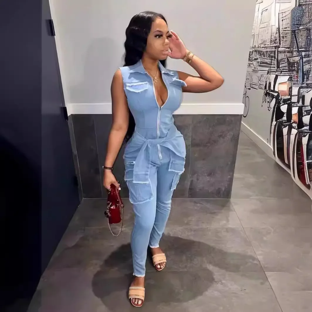 

Street Trend New Summer Solid-color Sleeveless Denim Jumpsuit. Ladies' Design-sense Patchwork Pocket Lapel Small Leg Jumpsuit