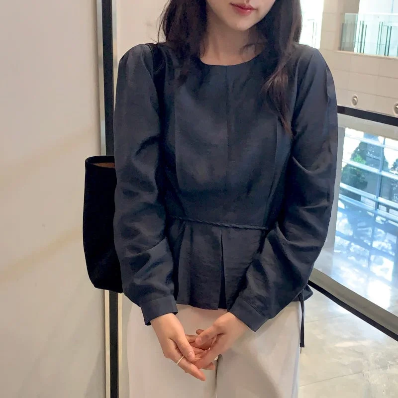 

Gentle round Ne Long Sve irt Commute Sle Women's Premium Faion Belted Hem Gored Skirt Breathable Skin-Friendly