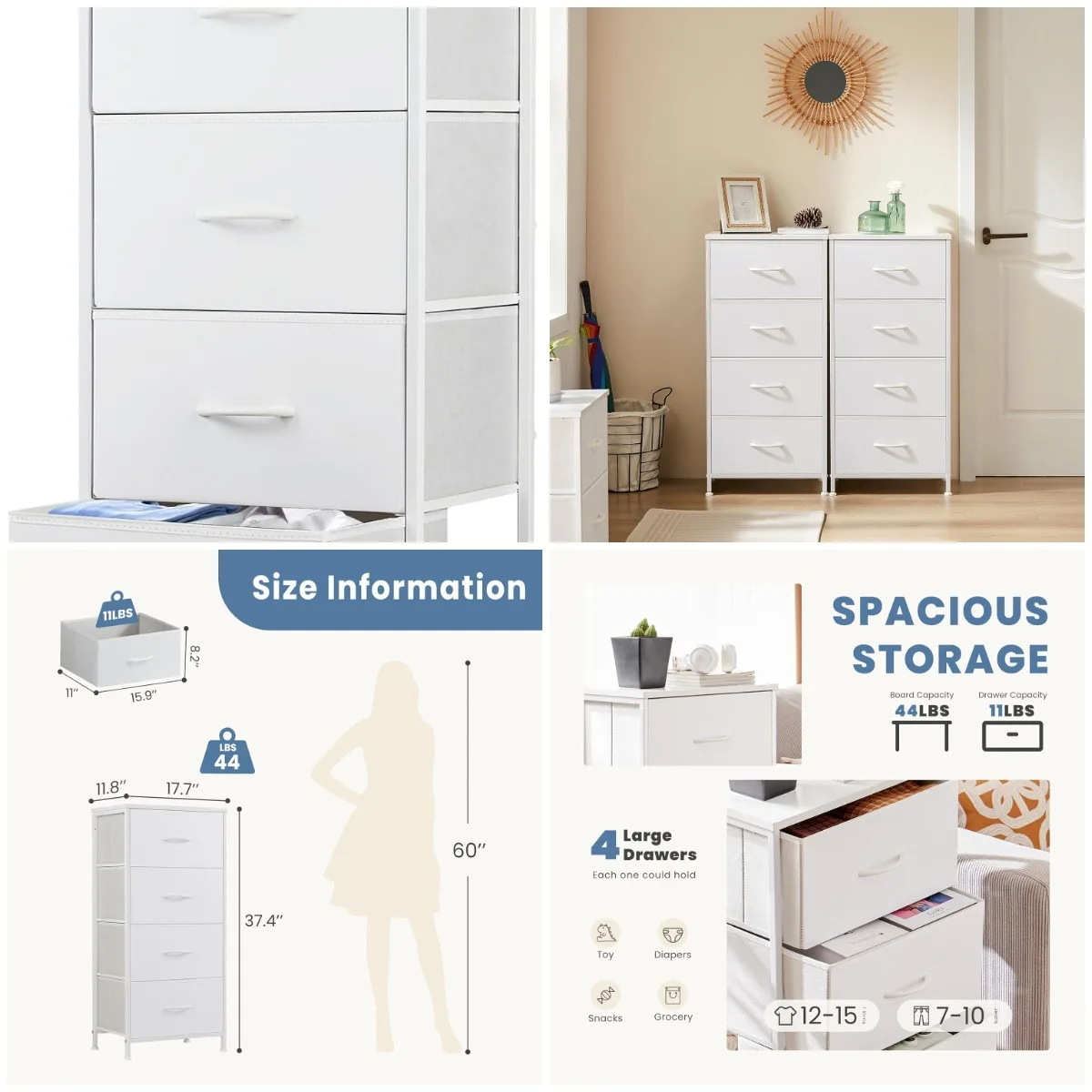 

Nightstand with 4 Drawers, Wood Top, Steel Frame, Removable Fabric Bins – Bedroom Organizer